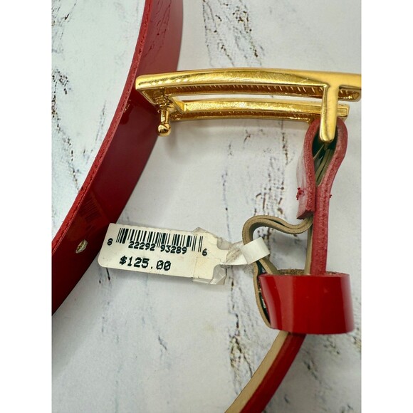 St John Red Belt XL Women 3/4" Patent Leather Luxury Gold Buckle Size 38-42” NWT - Picture 6 of 12